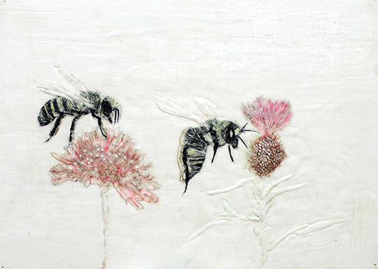 Heike Jeschonnek | Bienen auf Distel | Paraffin und Acryl auf Pappe | 50 x 70 cm